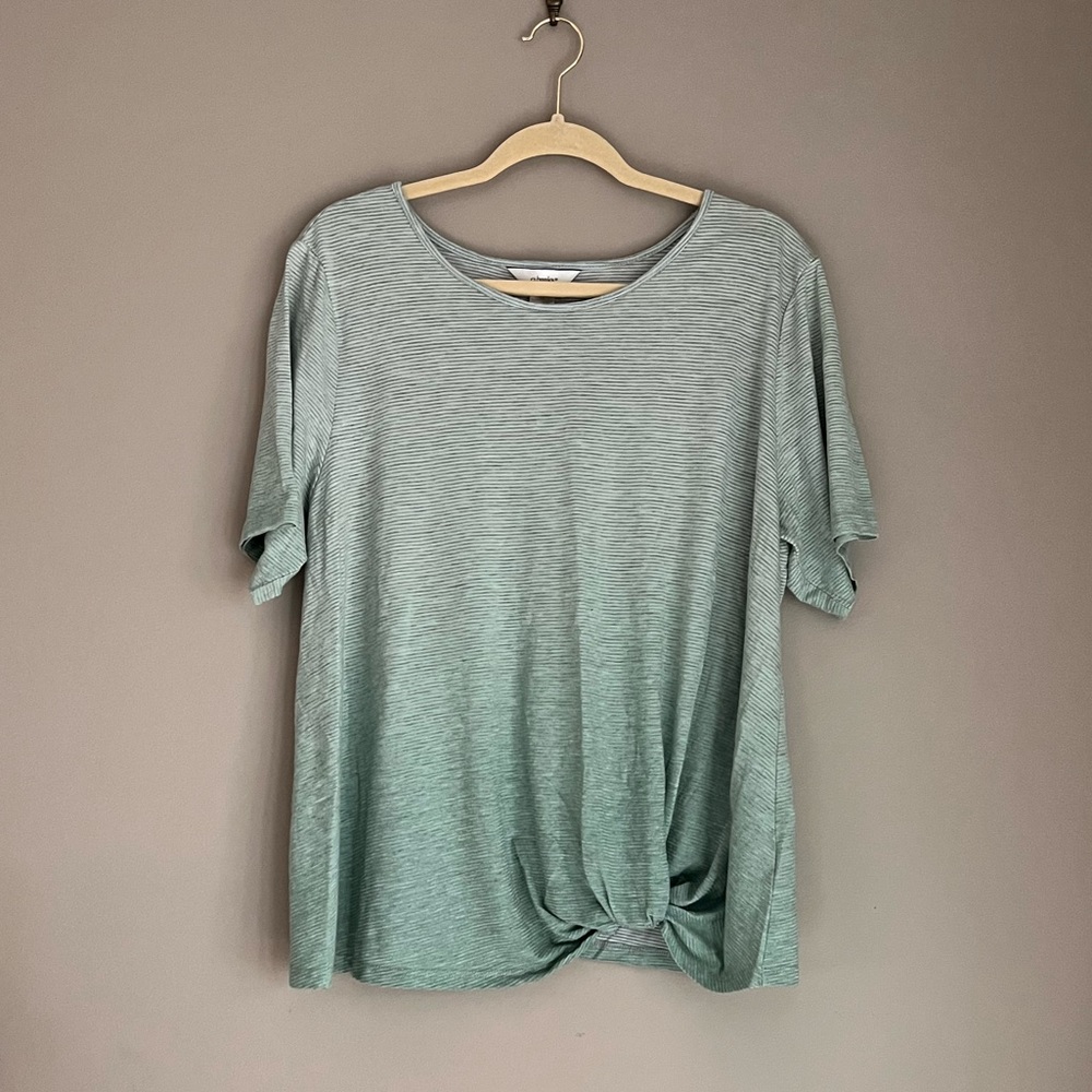 CJ Banks Gradient Green Striped Tie Short Sleeve Blouse